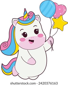 Happy Unicorn With Balloon Illustration