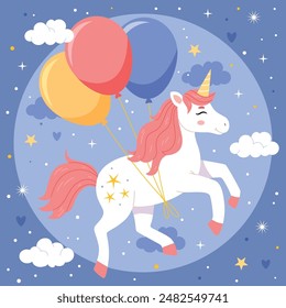 A happy unicorn with balloons is flying across the moonlit sky.For children's design of prints, posters, cards, stickers, etc. Vector illustration