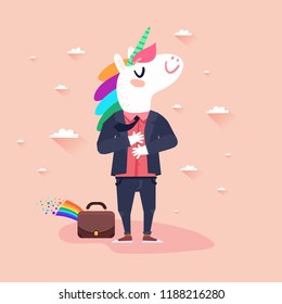 Happy unicorn businessman character. Happy successful employee concept. Vector colorful illustration in flat design style 