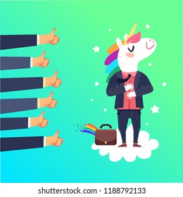 Happy unicorn businessman character. Happy successful employee concept. Vector colorful illustration in flat design style 