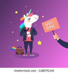 Happy unicorn businessman character. Happy successful employee concept. Vector colorful illustration in flat design style 