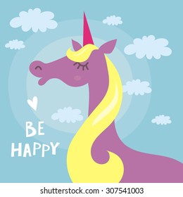 happy unicorn cartoon Be happy card design