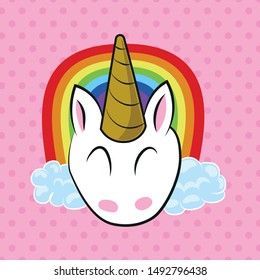 Happy unicorn in cute background with clouds and rainbow behind
