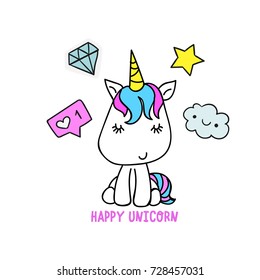 happy unicorn cute magic, print, set 