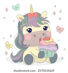 Happy unicorn with delicious knex with cherry on cream. Design for printing on t-shirt, poster, banner. Great print for t-shirt, shopper, notebooks, covers, posters and cards