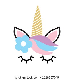 Happy unicorn face in flower wreath vector. Hand drawn style. Birthday decoration, nursery, t shirt, textile,stationery print design. Cute girly theme illustration.