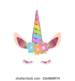 Happy unicorn face with flowers vector. Rose gold