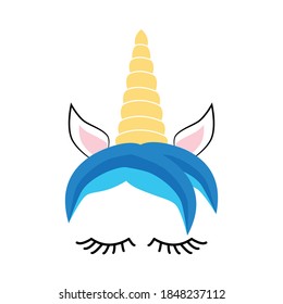 Happy unicorn face. Hand drawn style. Birthday decoration theme illustration
