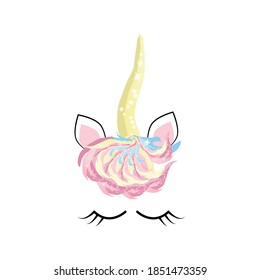 Happy unicorn face. Hand drawn style. Birthday decoration theme illustration