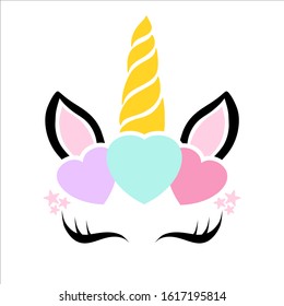 Happy unicorn face and hearts vector. Hand drawn style. Valentines card. Birthday decoration, nursery, t shirt, textile,stationery print design. Cute girly theme illustration.