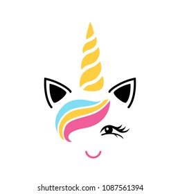 Happy unicorn face vector. Cute unicorn face. Vector cartoon character illustration. Design for child card,t-shirt.Girls,kid.magic concept.Isolated on white background. Horse with gold horn 