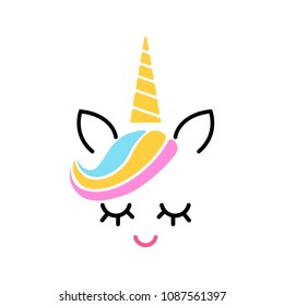 Happy unicorn face vector. Cute unicorn face. Vector cartoon character illustration. Design for child card,t-shirt.Girls,kid.magic concept.Isolated on white background. Horse with gold horn 