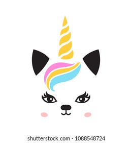 Happy unicorn face vector. Cute unicorn face. Vector illustration. Design for child card,t-shirt.Girls,kid.magic concept.Isolated on white background. Horse with gold horn and beauty rainbow hair