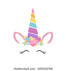 Happy unicorn face vector. Hand drawn style. Just believe. Birthday decoration theme illustration.