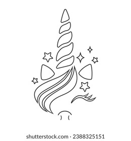 Happy unicorn face vector line icon. Cute unicorn face. Vector cartoon character illustration. Design for child card, t-shirt. Girls, kid. Magic concept flat sign
