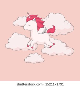 Happy unicorn flying in the sky surrounded by clouds 
