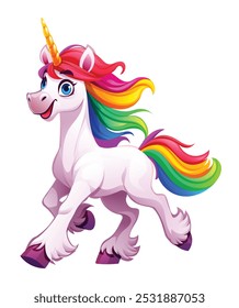 Unicornio feliz galopando con la melena del arco iris y la cola en movimiento. Vector ilustración de dibujos animados