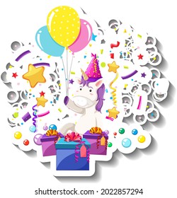 Happy unicorn with gift box and confetti rainbow illustration