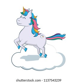 happy unicorn with hairstyle jumping in the cloud
