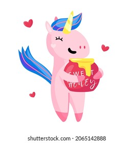 Happy unicorn with a jar of sweet honey vector cartoon illustration isolated on white background. Cute hand drawn pink horse with the blue mane. Fantasy magical animal
