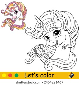 Happy unicorn. Kids coloring book. Vector monochrome illustration with color template cute portrait of unicorn. Magic pony cartoon character. Ready to print. For children coloring, stickers, design