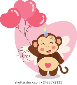Happy unicorn monkey holding heart balloons
