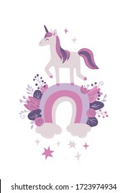 Feliz unicornio en arcoíris con nubes, flores y estrellas - Arte mural infantil, afiche, tarjeta de saludo o invitación a fiesta - Carácter animal adorable dibujado a mano aislado en colores pastel escandinavos