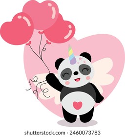 Happy unicorn panda holding heart balloons
