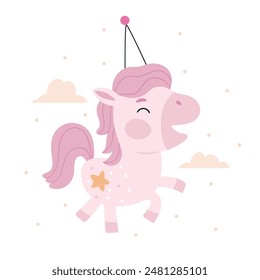 Happy unicorn in Scandinavian style. Happy little pony with pink mane. Childish flat vector illustration isolated on white background