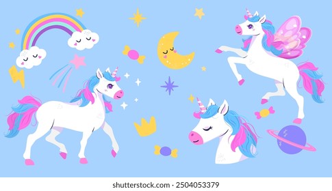 Happy Unicorn set. Vector characters for birthday, invitation, baby shower card, kids t-shirts and stickers kit. Hand drawn illustration in cartoon style.