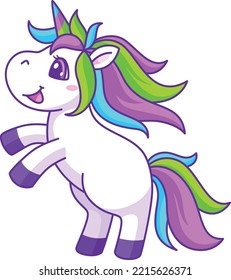 Happy unicorn smiling. Cute colorful fantasy mascot