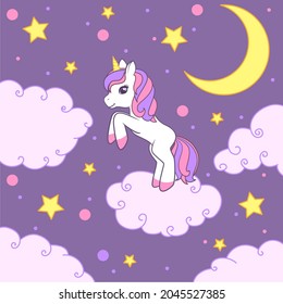 Un feliz unicornio se alza sobre una nube en el fondo del cielo estrellado y la luna.  Ilustración vectorial colorida para tarjetas, libros, camisetas