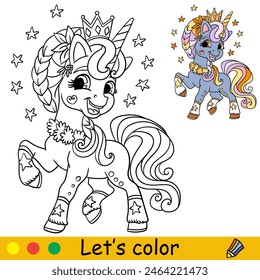 Happy unicorn with stars. Kids coloring book. Vector monochrome illustration with color template of cute unicorn. Magic pony cartoon character. Ready to print. For children coloring, stickers, design