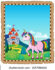 Happy unicorn topic parchment 1 - eps10 vector illustration.