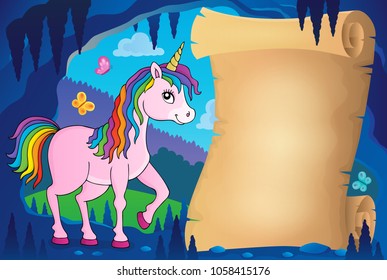 Happy unicorn topic parchment 2 - eps10 vector illustration.