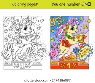 Happy unicorn won the prize and lettering You are number one. Cartoon vector illustration. Kids monochrome coloring page with colored template. For coloring, education, print, game, puzzle, design