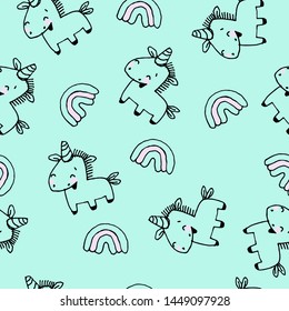 Happy unicorns with rainbow vector pattern design,
