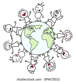 Happy unite people together around the globe celebrate the Earth Day, cartoon vector illustration