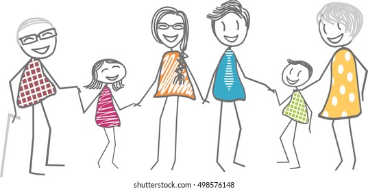 A happy and United family with parents, children and grandparents hand in hand