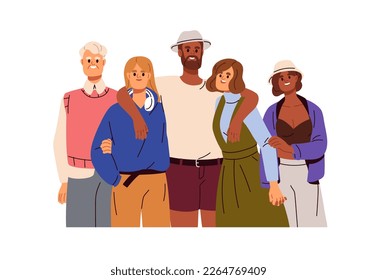 Happy united family portrait. Friendly interracial people hugging. Diverse characters in bonding good relationship, love, togetherness, support. Flat vector illustration isolated on white background