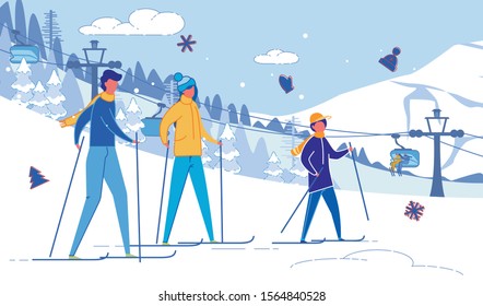 Happy United Family Skiing in Mountains Resort.