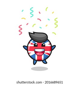 happy united kingdom flag badge mascot jumping for congratulation with colour confetti , cute style design for t shirt, sticker, logo element