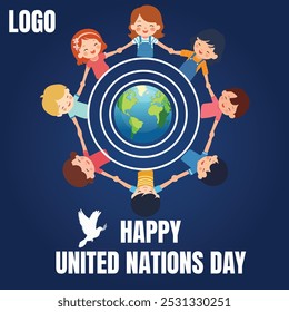 Feliz Dia das Nações Unidas. Dia da ONU. Crianças ao redor do mundo com pássaro branco.  Logotipo das Nações Unidas Dia Mundial das Nações Unidas 