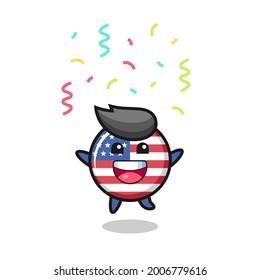 happy united states flag badge mascot jumping for congratulation with colour confetti , cute style design for t shirt, sticker, logo element