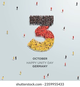 Fröhlicher Einheitstag Deutschland. Am 3. Oktober feiert Deutschland seinen Unity Day. Eine große Gruppe von Menschen bildet die Nummer 3. Vektorgrafik.