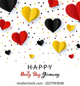 Happy Unity day Germany. October 3rd. Background with Germany flags in heart shape and confetti. Vector template for banner, typography poster, flyer, greeting card.