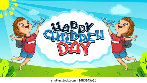 Happy Universal Children Day holiday. The cute little boys launches a toy planes. Lettering. Positive colorful illustration dreams of the sky and flights. Banner, poster, flyer. Vector