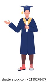 Happy university graduate semi flat color vector character. Standing figure. Full body person on white. Young man holding diploma simple cartoon style illustration for web graphic design and animation