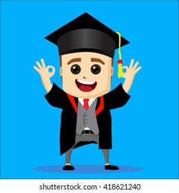 Happy university graduate. Vector illustration in flat style of young graduate student character. Happy brown haired boy on graduation day making thumbs up hand gesture. Flat illustration. 