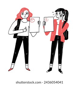 Happy and upset female students share final test results for college admissions. Hand drawing vector illustration doodle style.